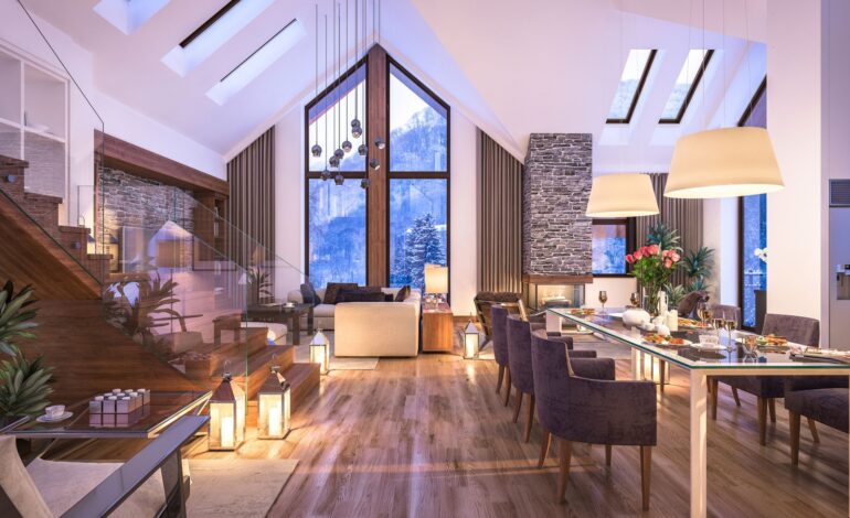 Rendering 3D przytulnego salonu w mroźną zimową noc w górach wieczorne wnętrze domku ozdobione świecami kominek wypełnia pomieszczenie ciepłem.