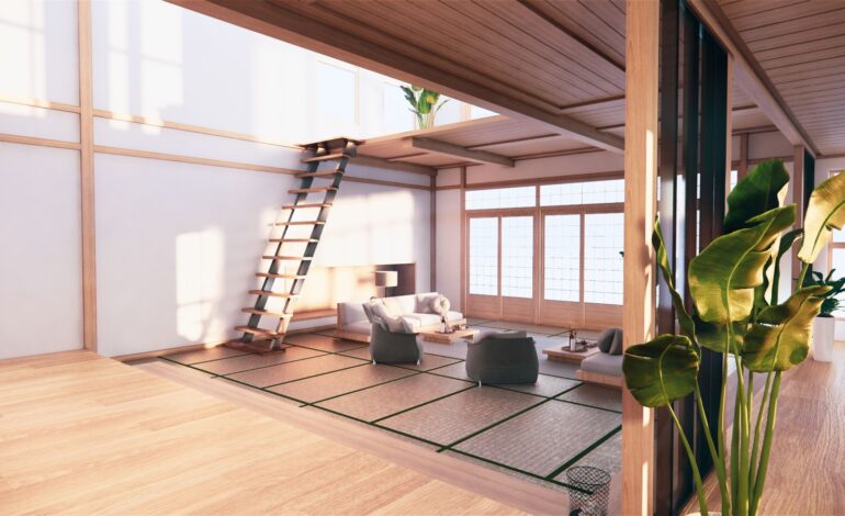 Wnętrze pierwszego piętra dwupiętrowego domu w japońskim stylu. Renderowanie 3D