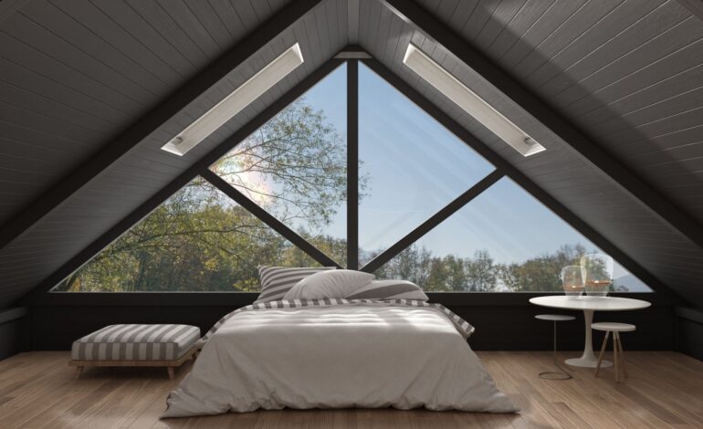 Klasyczna antresola z dużym panoramicznym oknem, sypialnia, letnia lub wiosenna łąka ogrodowa, minimalistyczny skandynawski wystrój wnętrz, ilustracja 3d
